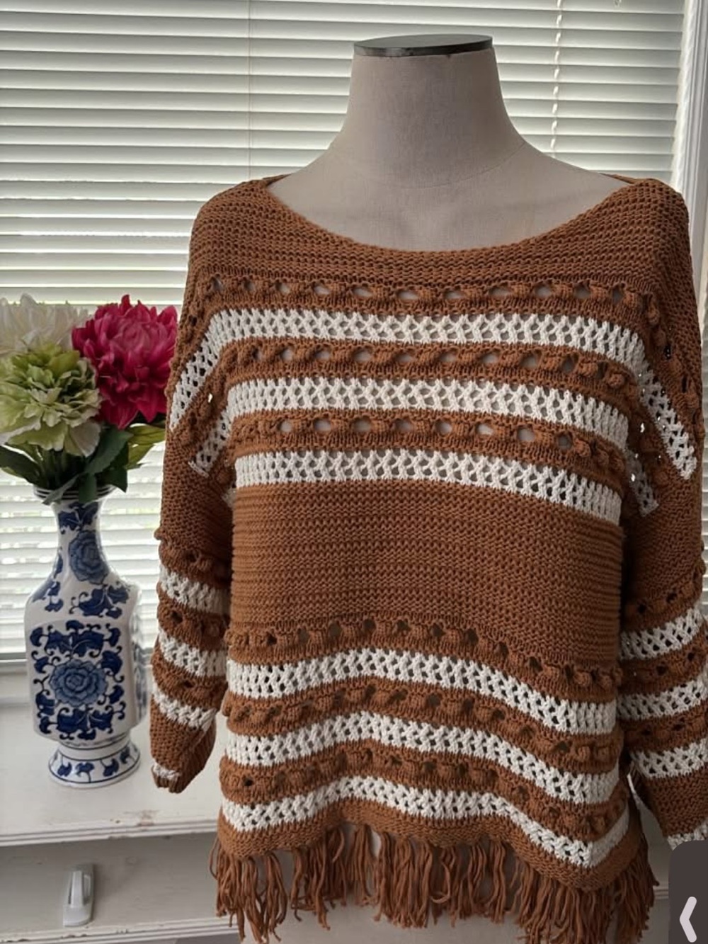Loft Brown and White Crochet-Striped Women’s Sweater large